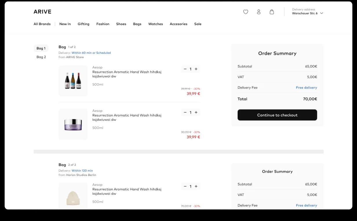Arive cart, multi-bag layout with per-bag delivery windows, line items, and a clear order summary at the AOV moment