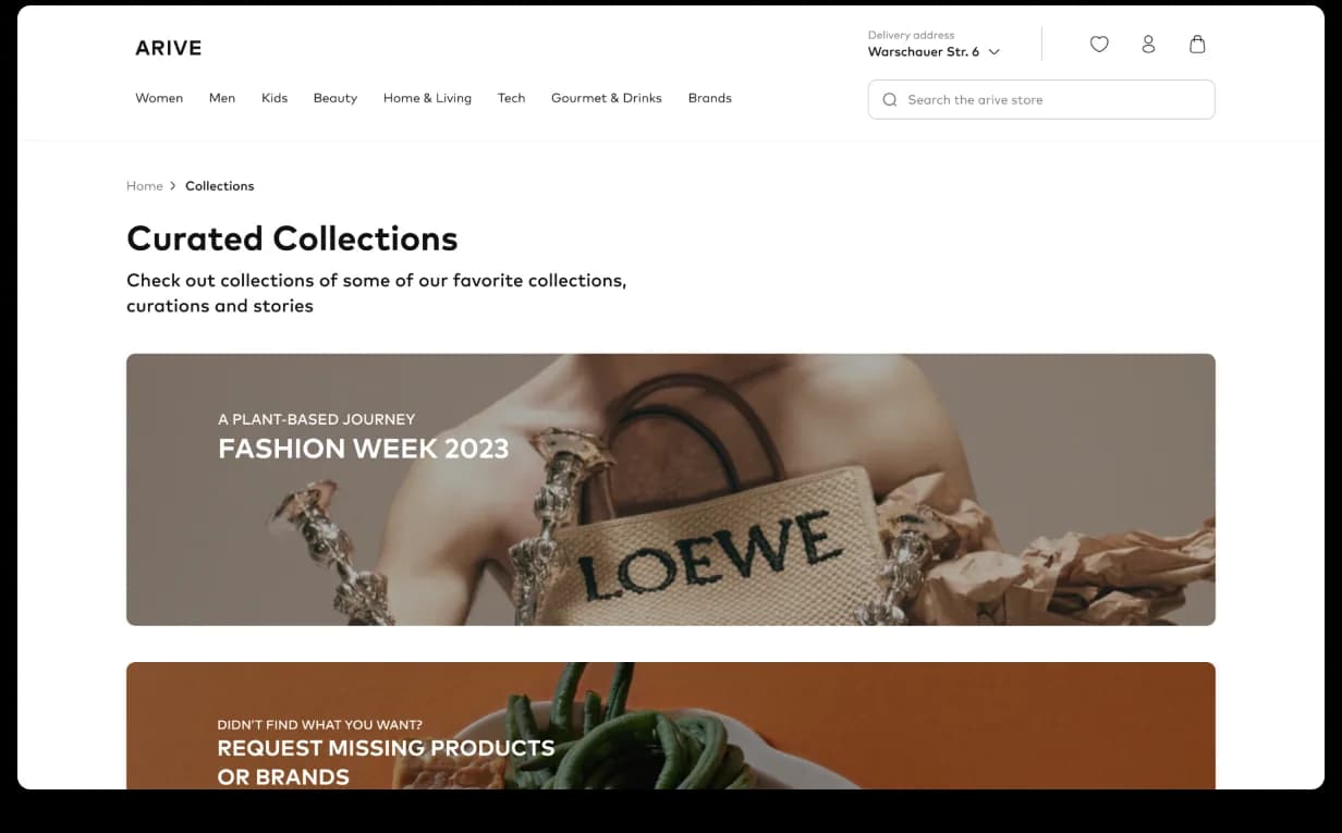 Arive curated collections page, editorial collection listing with campaign banner and request-missing-product flow