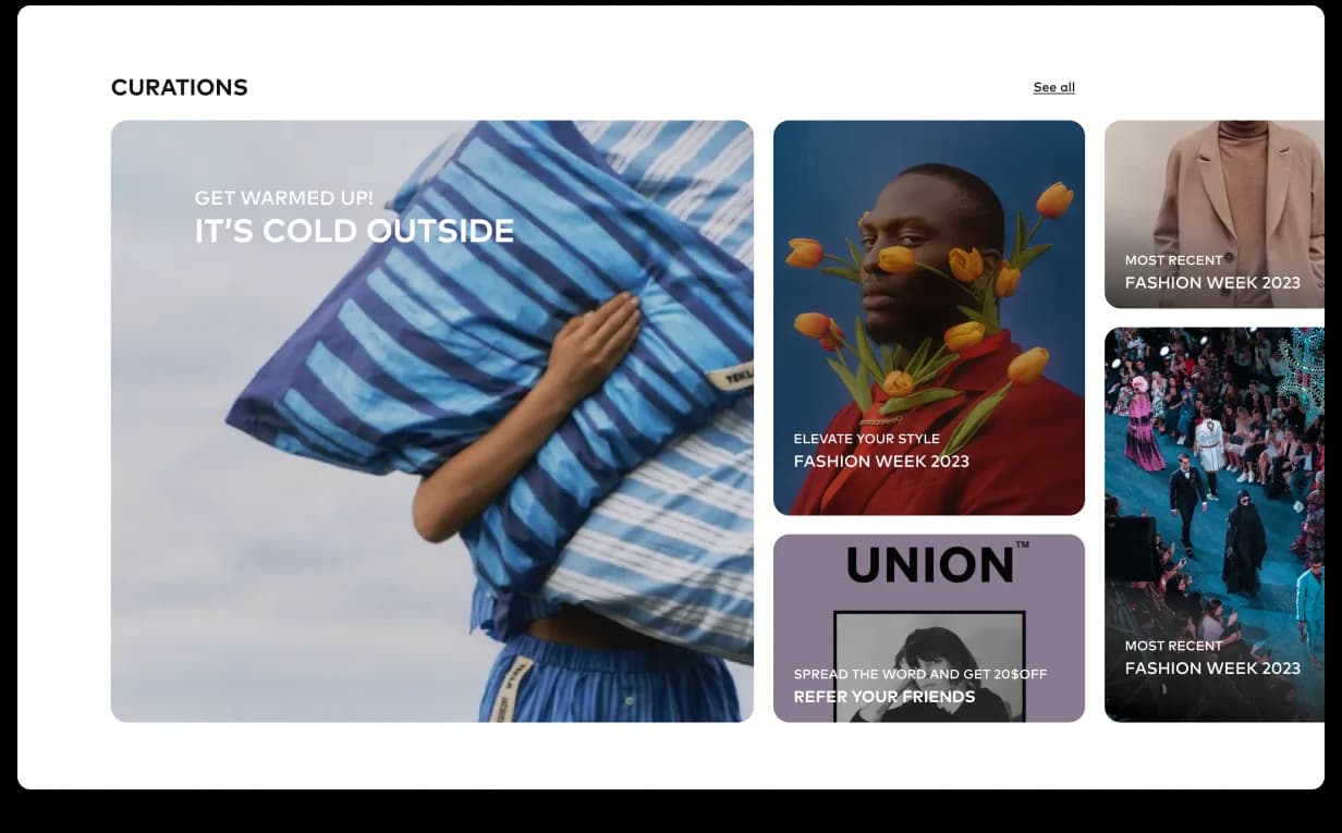 Arive curations page, themed campaign grid with brand narrative, seasonal looks, and product picks that ship in an afternoon