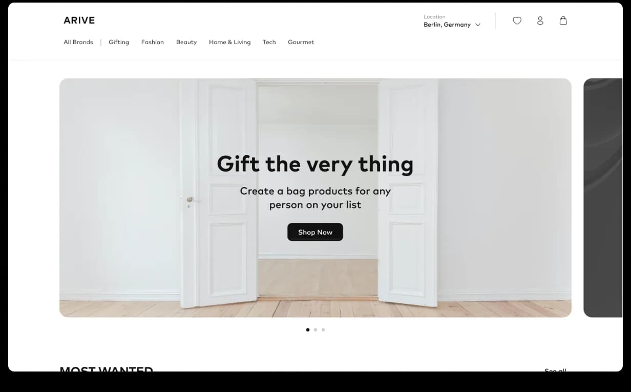 Arive new home page, editorial hero, brand-led rails, magazine-grade composition with breathing room and clear category architecture