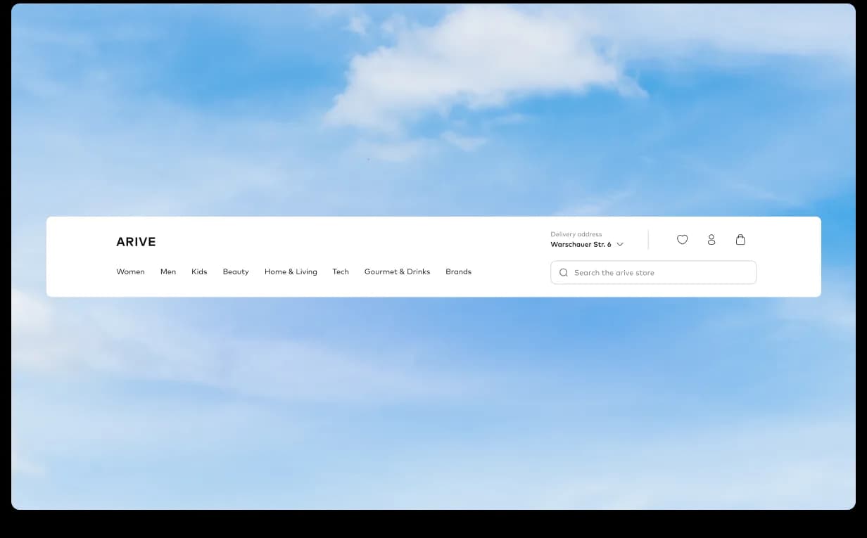 Arive navigation in context, minimal top bar with breathing space, integrated non-intrusive search icon, scalable category hierarchy on the home rails