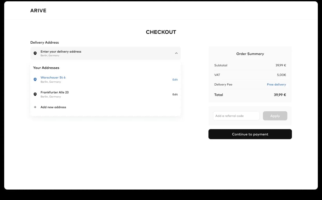 Arive order confirmation, single linear checkout flow with delivery address and order summary cleanly stacked for trust at the moment of confirmation