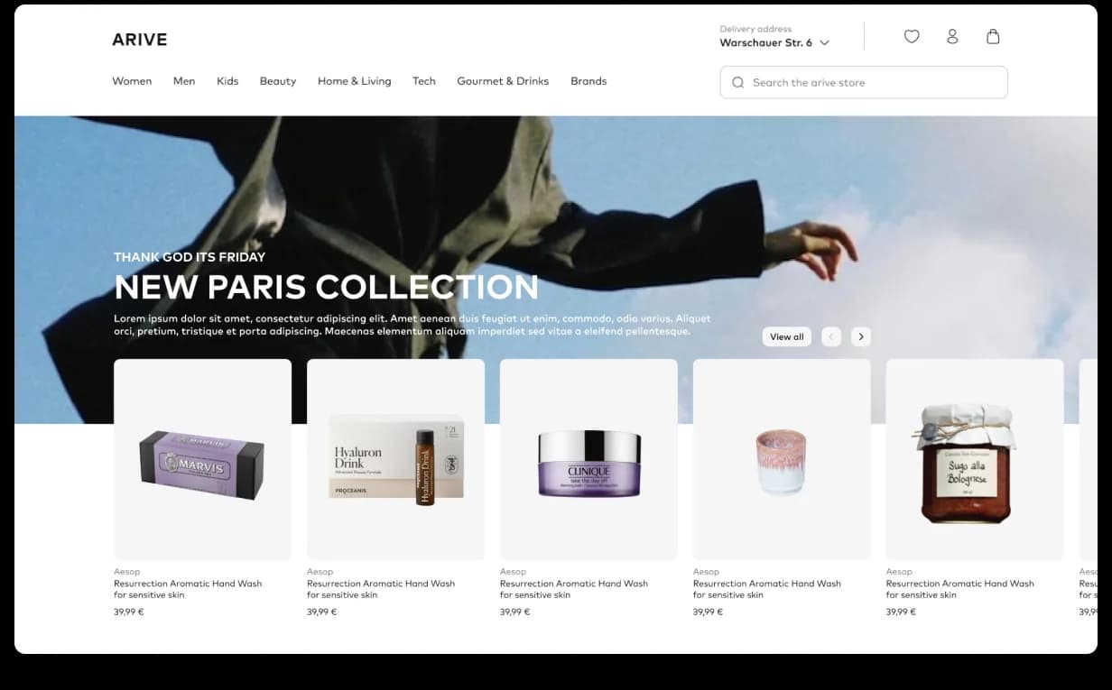 Arive New Paris Collection page, brand-led collection hero with editorial header and a product rail beneath