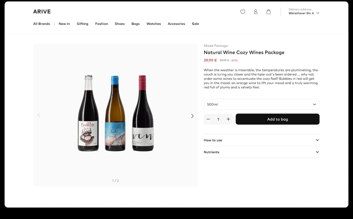 Arive product detail page, gallery hero, persistent buy state, size guidance, two-hour delivery promise, brand context, in-stock signals