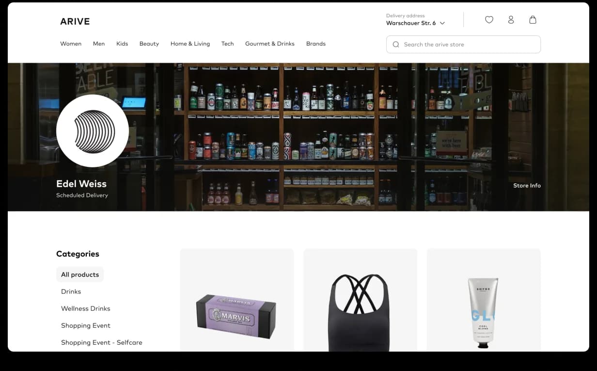 Arive brand store page, premium brand presentation with consistent grid, banner, and product rails