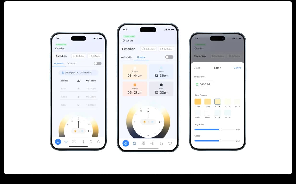 Cleanlife mobile · Customization, three-up phone presentation showing custom scene saving, day-of-week scheduling with timer dial, and a Stops palette: per-bulb hue, brightness, saturation, and stops along the day's lighting curve