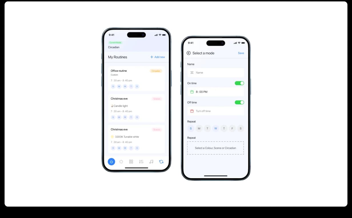Cleanlife mobile · Scheduled custom scene, three-up phones showing the Custom Scene editor mid-edit, a 24-hour timer dial with stops placed along it, and a per-bulb saturation/brightness palette where each stop carries its own colour curve