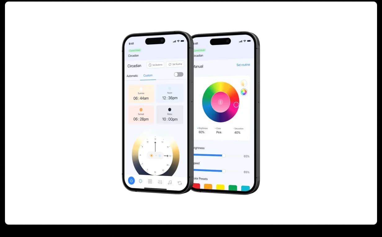 Cleanlife mobile · 3-up presentation, light-bulb control with dimmer ring + on/off, full color-wheel hue picker with brightness/saturation, plus Custom Scene setup with energy-meter card and brightness control