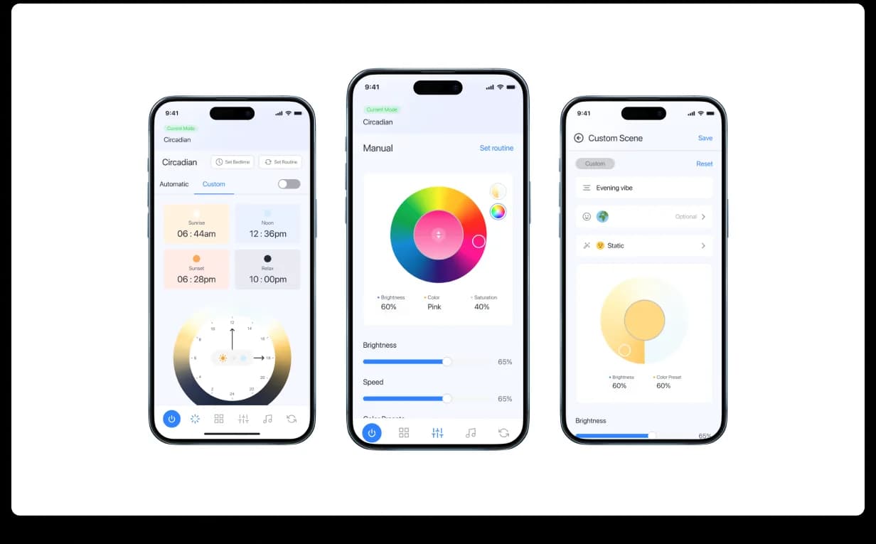 Cleanlife mobile · 2-up phones, left phone with dimmer ring + on/off + scenes shortcut, right phone showing the full color-wheel hue picker with brightness and saturation sliders below, the flagship 'paint your own light' surface