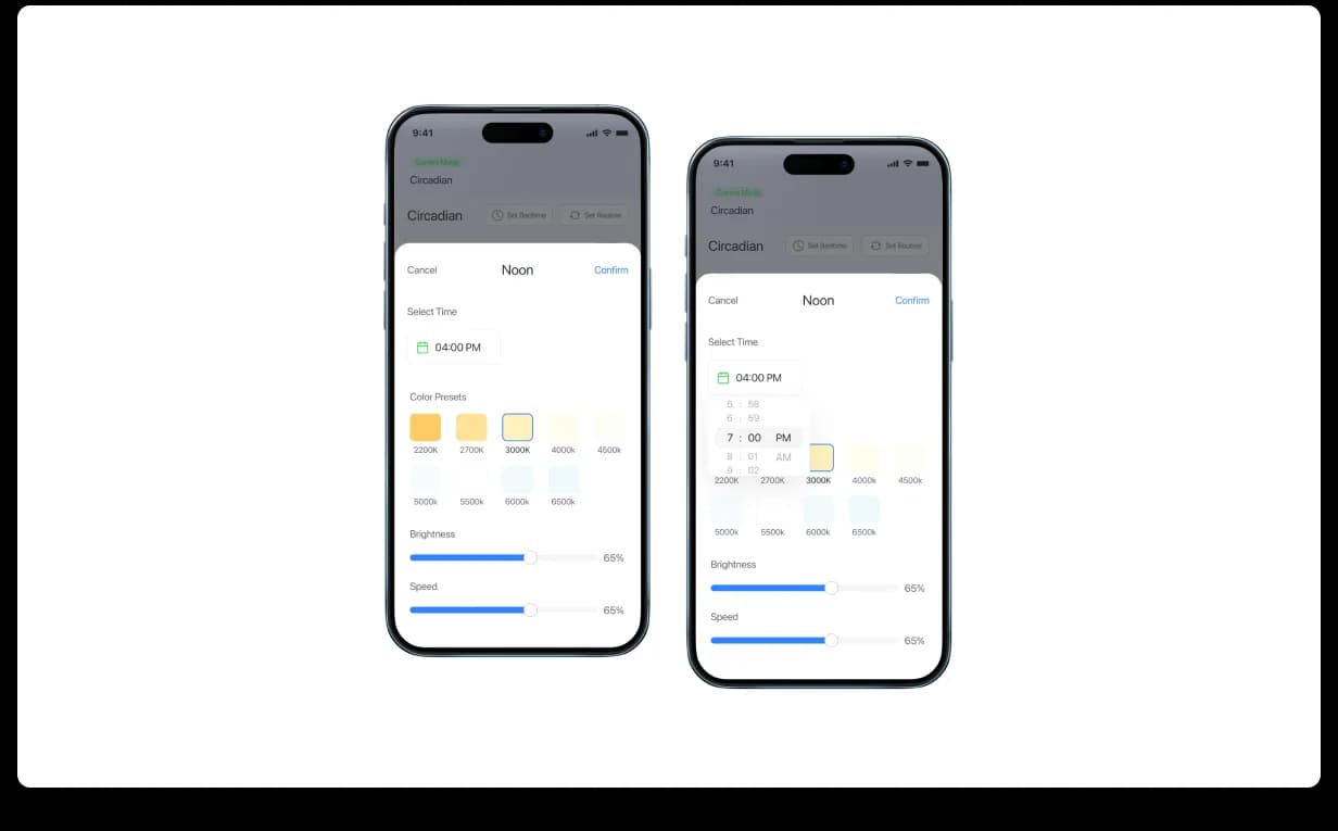 Cleanlife mobile · Routines. My Routines list with timed entries (When sunset / Workout time / It's bedtime) and Add New CTA, plus a Routine creation surface with Name input, time-range selectors, day-of-week toggles (Mon-Sun), Repeat option, and a Select a mode picker