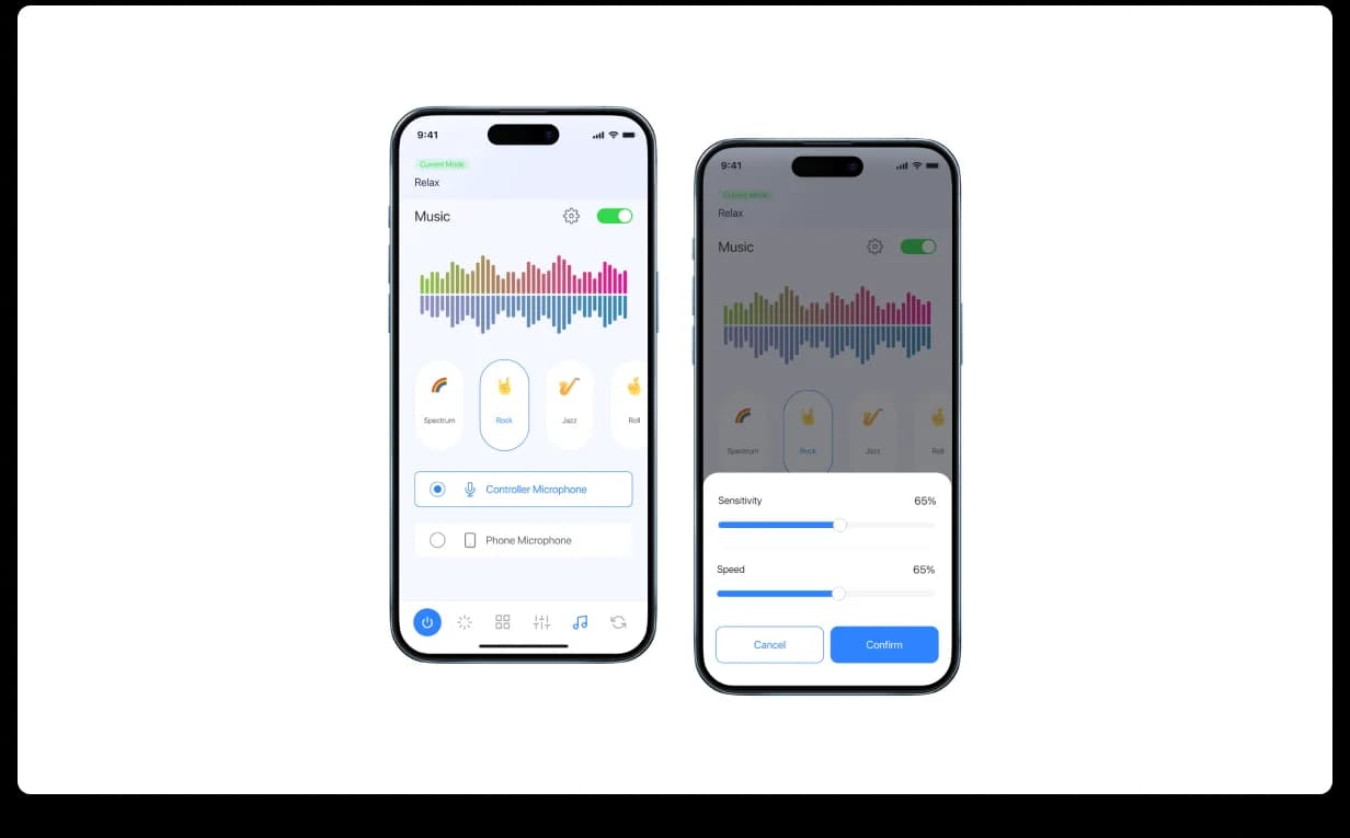 Cleanlife mobile · Music Sync. Disco toggle ON, multicolour audio-waveform visualisation across the screen, mode selector (rotation, single, off), Save Customization CTA, plus a detail surface with brightness/saturation sliders and a Continue bottom-bar action