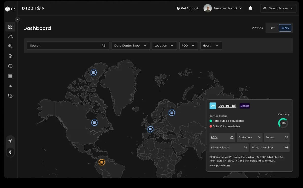 After: the redesigned C3 dashboard in dark theme, a world-map command center with status-coded pins, scope filters and inline drill-in