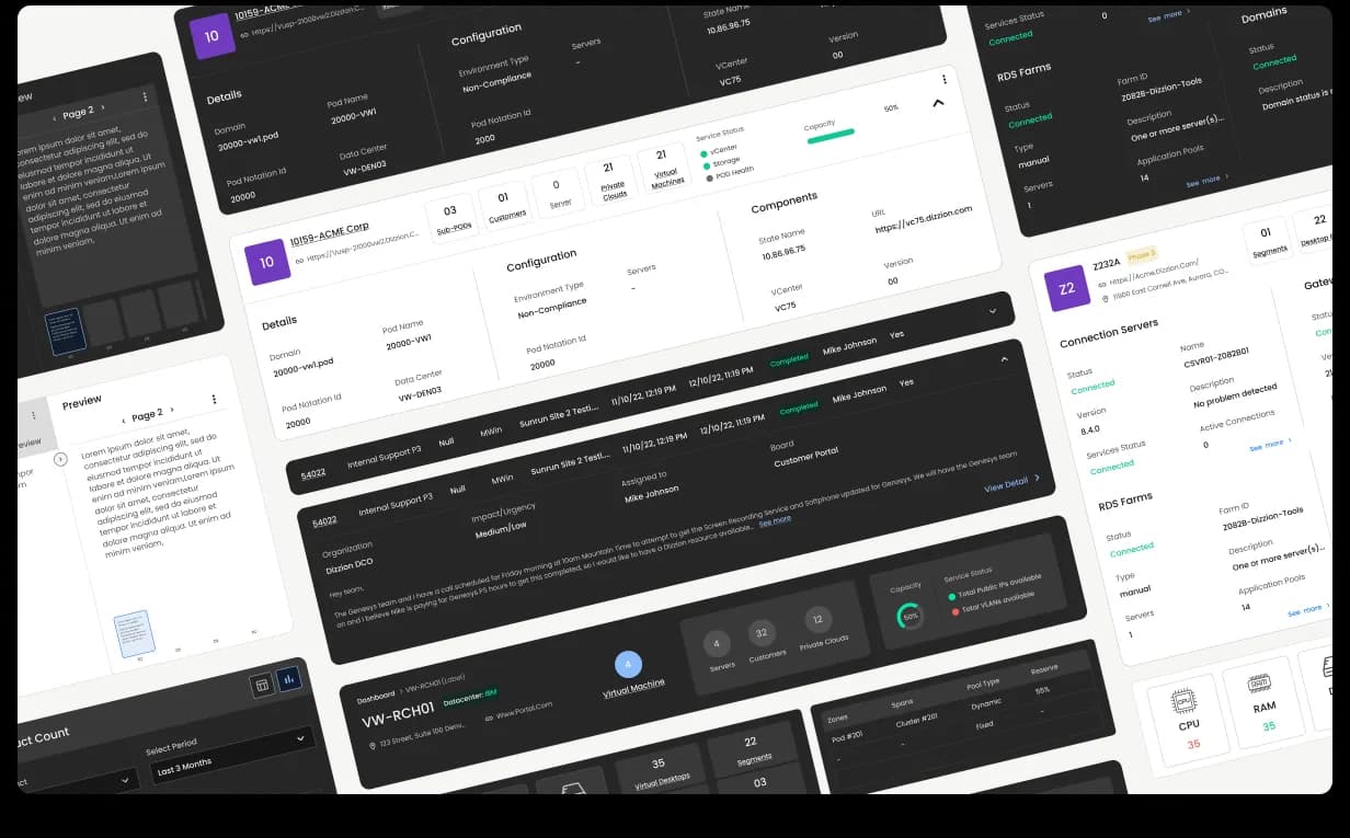 Dizzion C3 design system composite, multiple surfaces tiled together to show the component library that powers the platform: same tokens, same primitives, both light and dark themes, all screens speaking one visual language