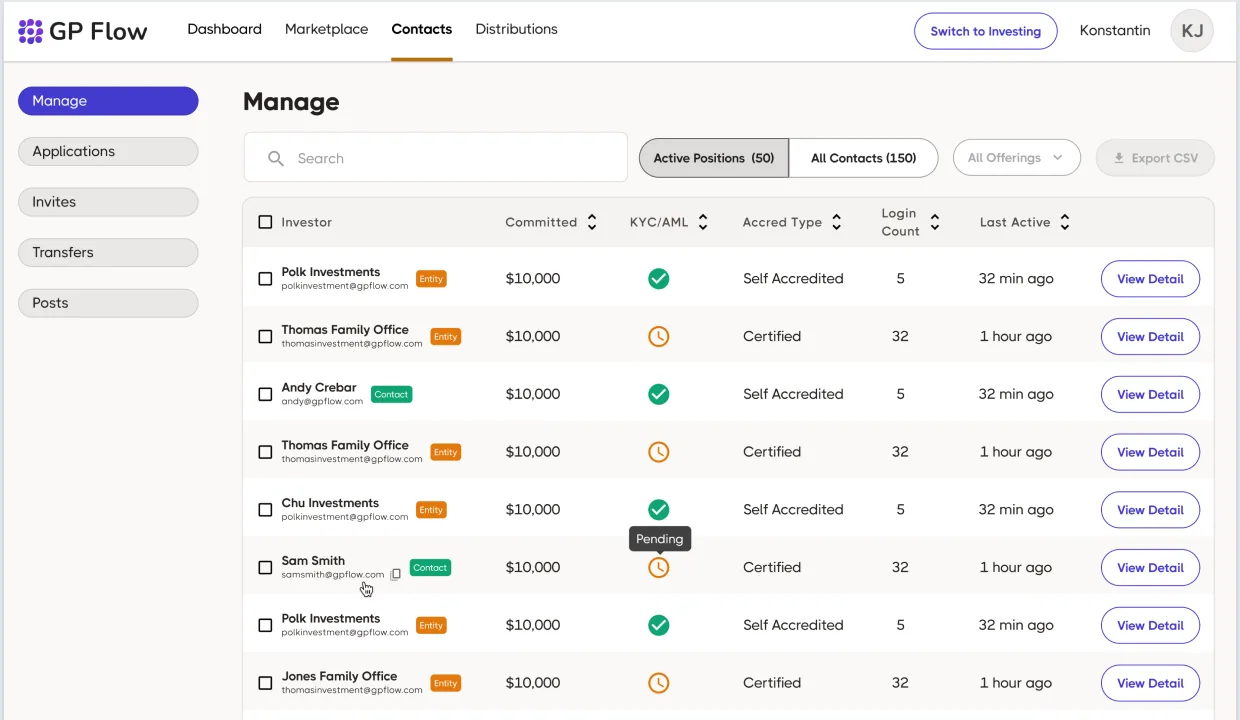 HoneyBricks sponsor platform, managing contacts, prospects, and investor relationships in one CRM view