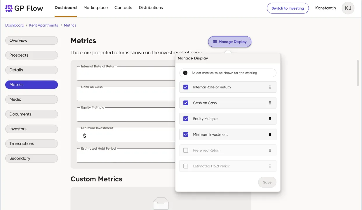 GP Flow Sponsor · Offering management, entity information and deal metrics inside a left-rail stepper (Overview · Prospects · Details · Metrics · Media · Documents · Investors · Transactions)