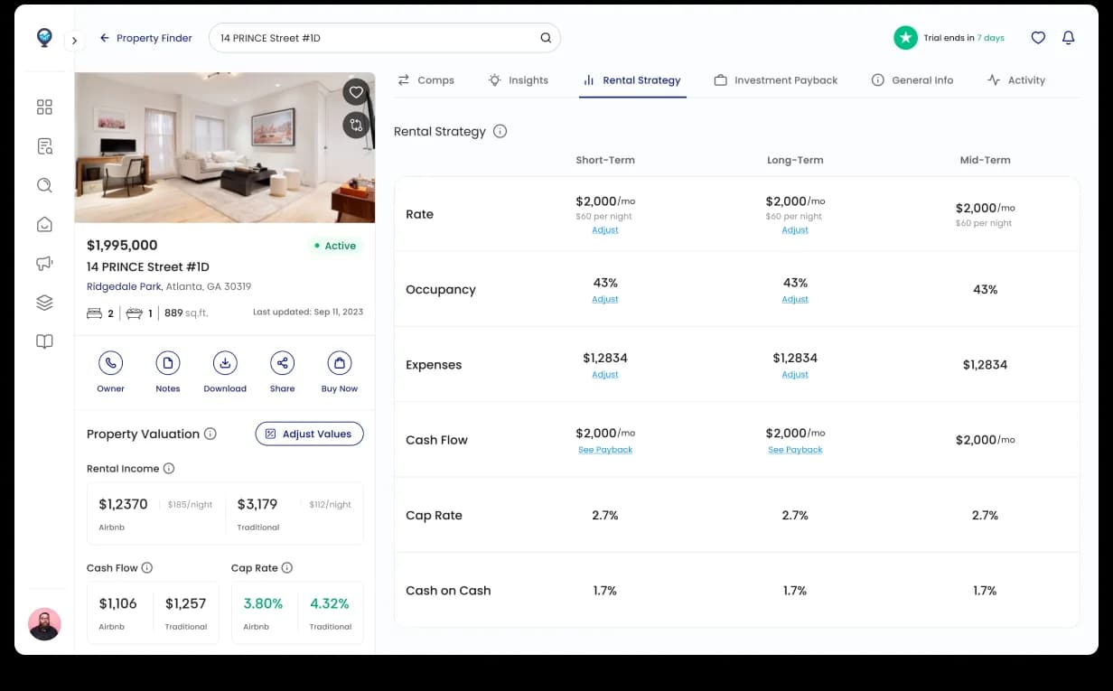 Mashvisor rental strategy calculator, short-term/long-term toggle, cash/financed scenarios, inputs and outputs side-by-side with payback projection updating live