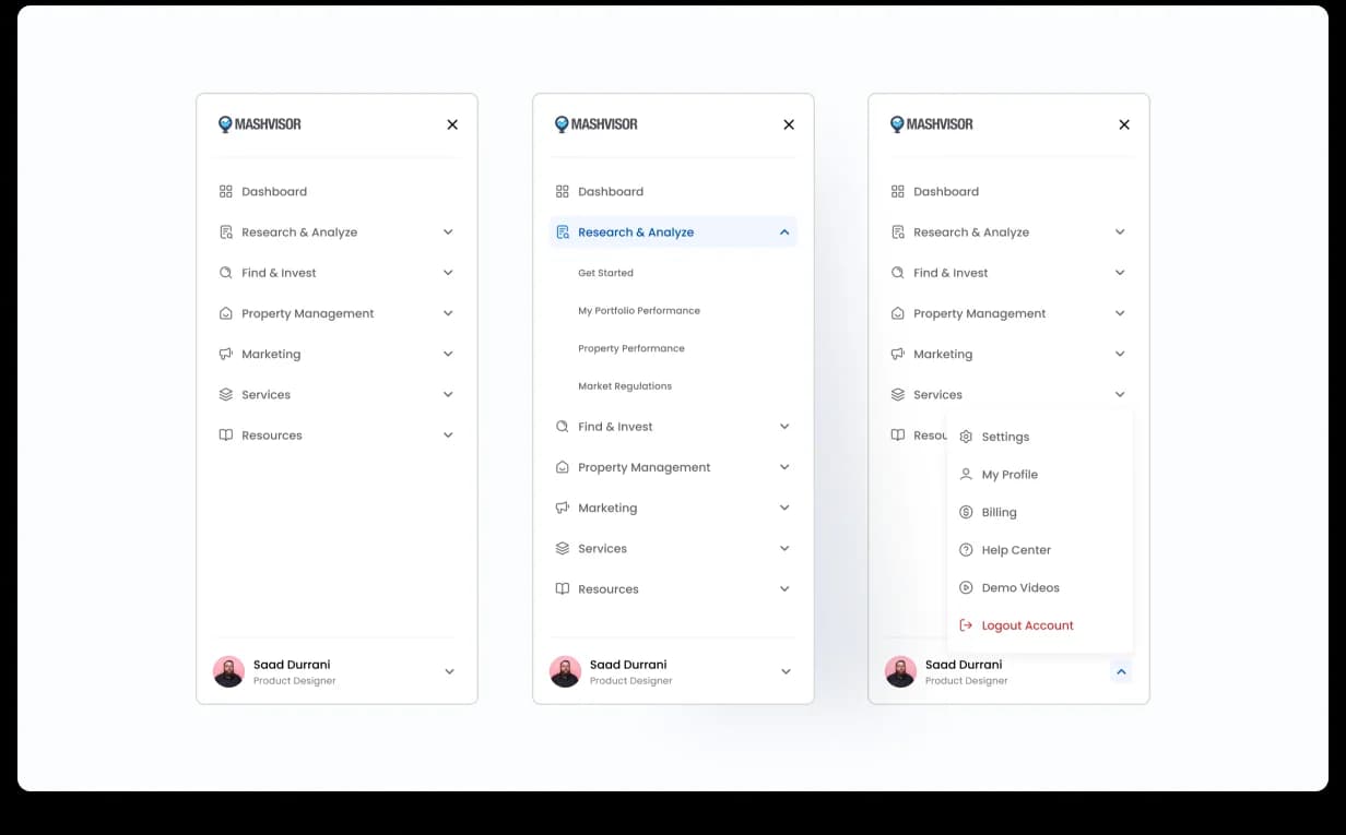 Mashvisor task-based navigation, three side-panel views: collapsed top-level, expanded with sub-items (Get Started, My Portfolio Performance, Property Performance, Market Regulations), and the user account menu open