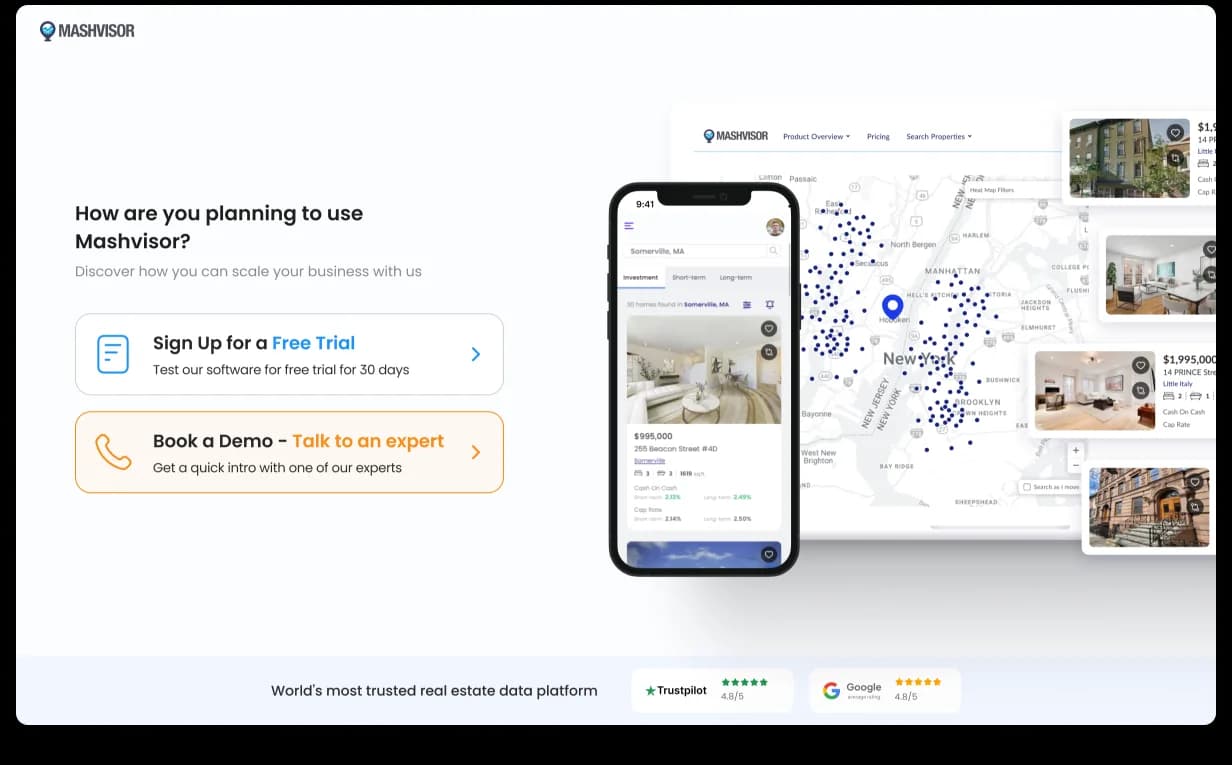 Mashvisor pricing page, four tiers (Lite, Standard with Most Popular tag, Professional, Enterprise) with billing toggle (Every 3 months / Yearly) and per-tier feature lists