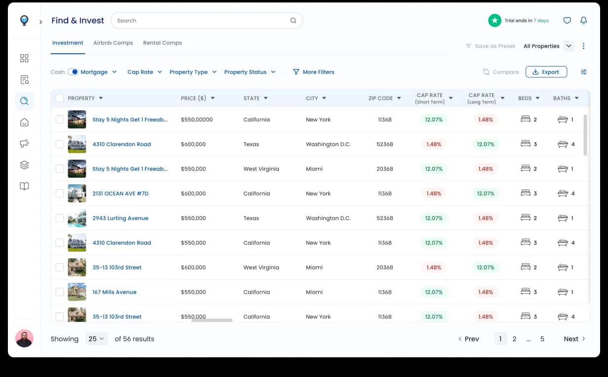 Mashvisor listing tables, filter chips, sortable columns, hover popup with property preview