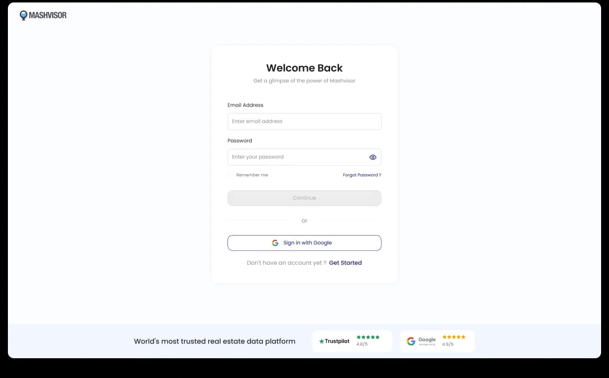 Mashvisor signup stepper Step 1 of 3, ‘How do you want to use Mashvisor?’ with use-case selection cards: Research & Analyze, Find & Invest, Property Management, Marketing, Other Need, with progress indicator at bottom