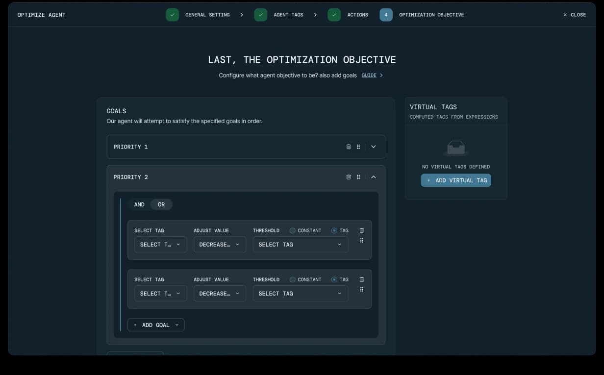 RLCore Agent · Optimize · Optimization Objective step. General Setting · Agent Tags · Actions · Optimization Objective wizard, prioritized goals (Priority 1, Priority 2) with AND/OR logic, Select Tag · Adjust Value · Threshold rows, and a Virtual Tags side panel for computed tags from expressions