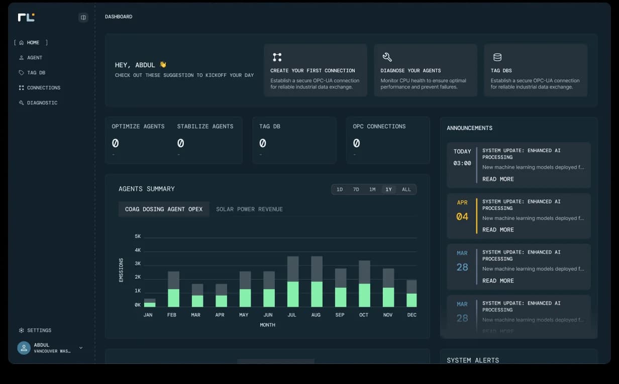 RLCore Dashboard, operator greeting, three suggestion cards (Create Connection, Diagnose Agents, Tag DBs), four KPI tiles (Optimize Agents, Stabilize Agents, Tag DB, OPC Connections), Agents Summary chart (COAG Dosing Agent OPEX in mint-green bars), and a System Update announcements rail with timestamped entries