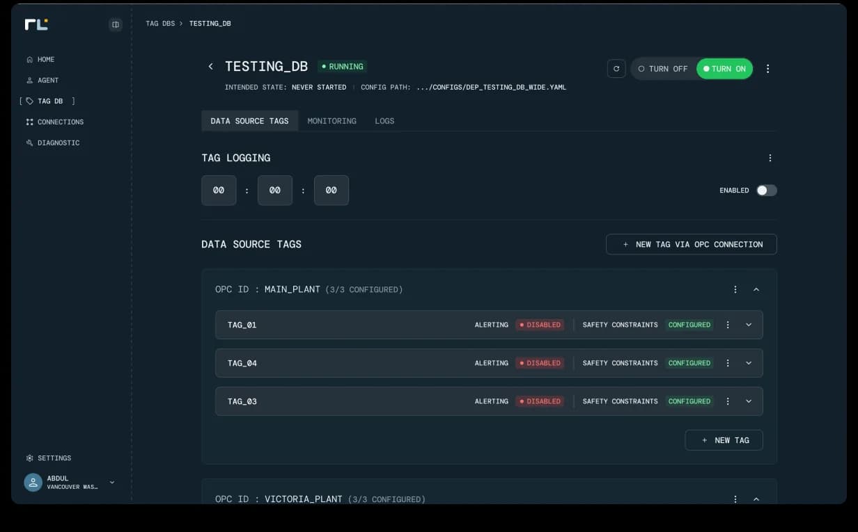 RLCore TagDB · testing_db detail. Running status pill, Turn Off / Turn On controls, Data Source Tags · Monitoring · Logs tabs, Tag Logging timer (HH:MM:SS), and OPC ID Main_Plant rows showing per-tag Alerting and Safety Constraints status with explicit Configured / Disabled badges