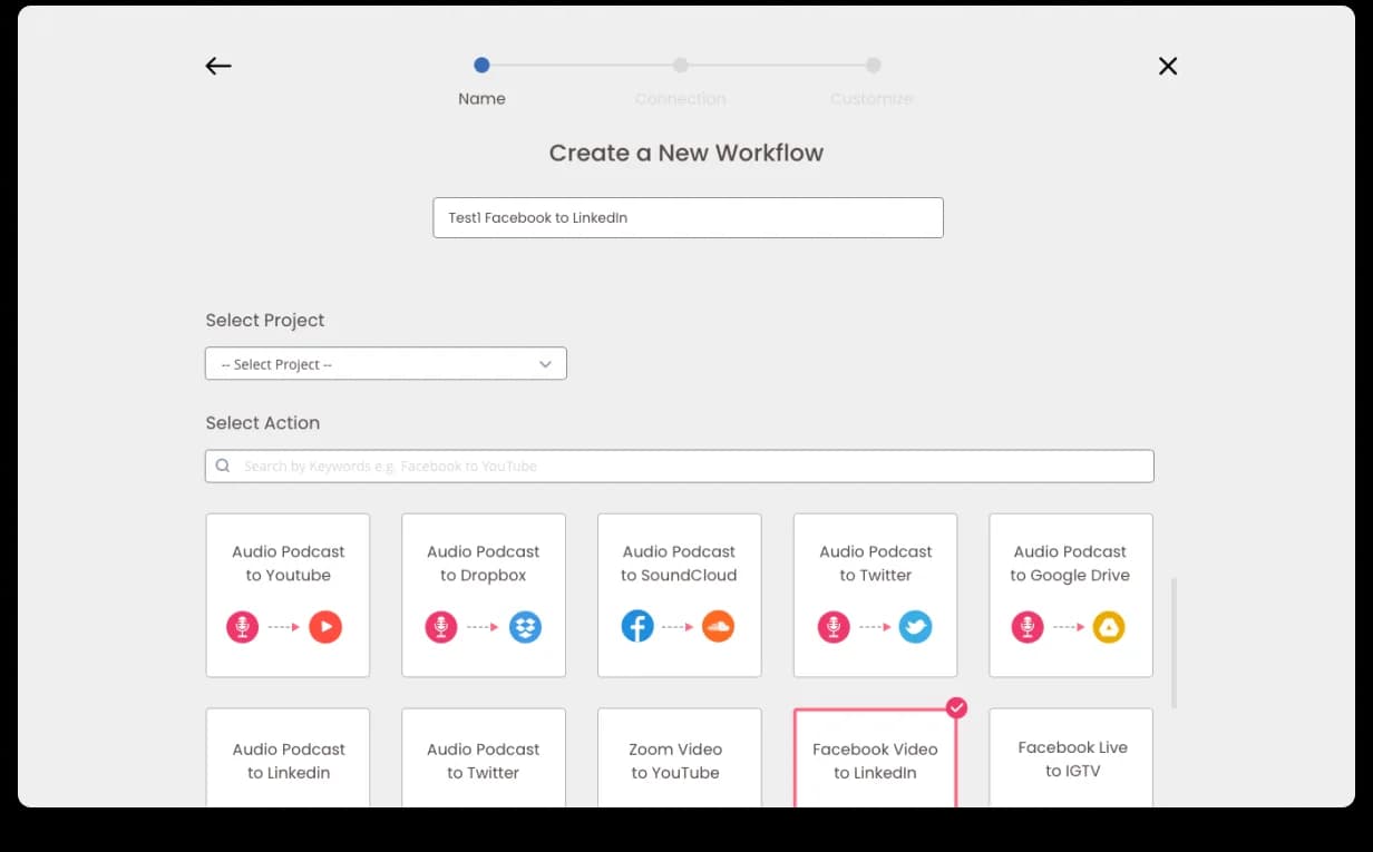 Repurpose Create New Workflow · Name step, three-step progress (Name active · Connection · Customize), Workflow Name input filled with 'Test1 Facebook to LinkedIn', Select Project dropdown, Select Action search, and a use-case template grid: Audio Podcast → YouTube / Dropbox / SoundCloud / Twitter / Google Drive / LinkedIn / Twitter, Zoom Video → YouTube, Facebook Video → LinkedIn (selected, coral border), Facebook Live → IGTV, goal-based starting points instead of a blank canvas