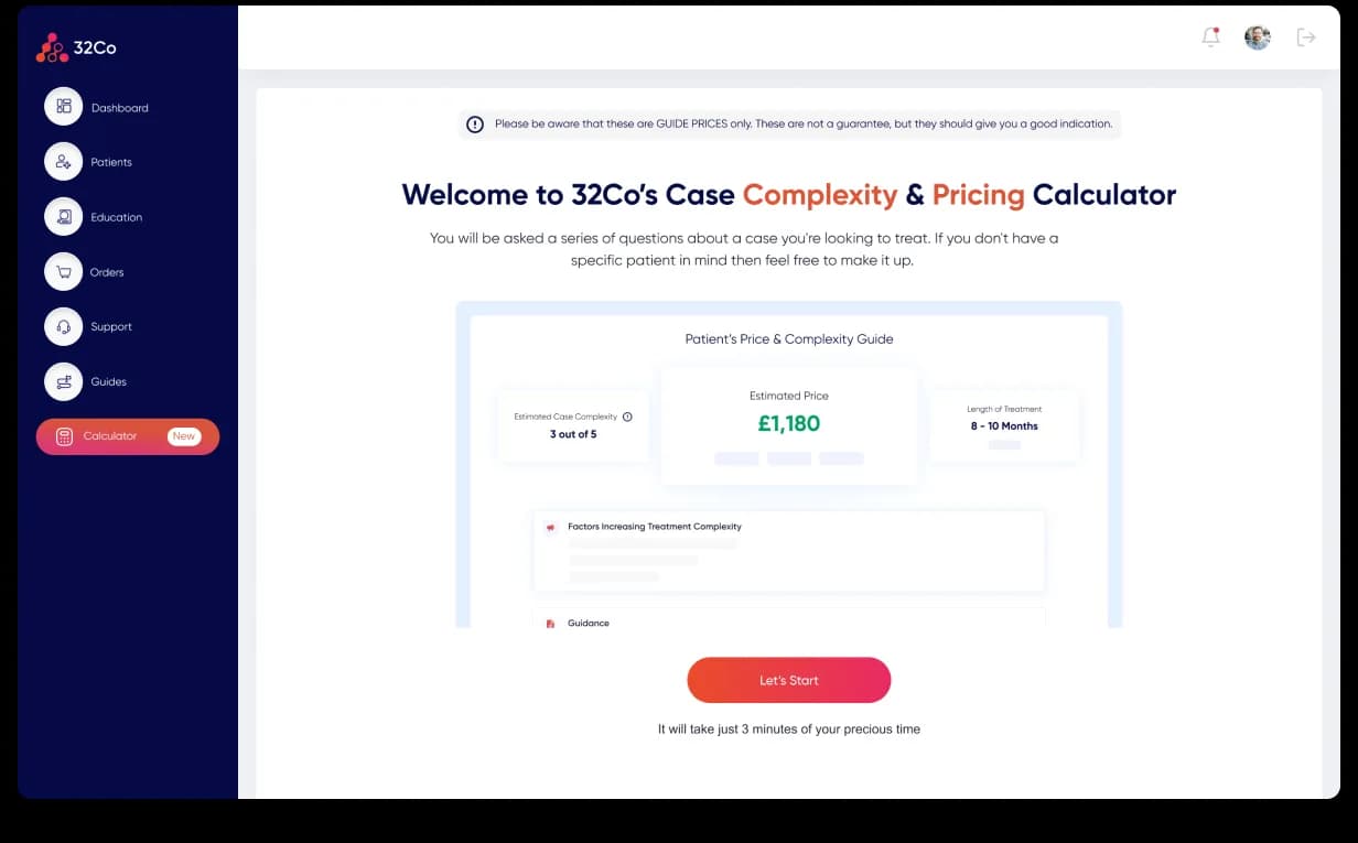 32co Case Complexity & Pricing Calculator · welcome screen, 'Welcome to 32Co's Case Complexity & Pricing Calculator' with Complexity and Pricing accented in coral, a preview card showing Estimated Case Complexity 3 out of 5, Estimated Price £1,180, Length of Treatment 8–10 Months, Factors Increasing Treatment Complexity and Guidance sections; coral 'Let's Start' CTA, '3 minutes of your precious time' microcopy