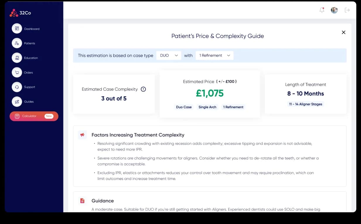 32co Pricing Calculator · result, 'Patient's Price & Complexity Guide', scope strip 'This estimation is based on case type DUO with 1 Refinement', three result tiles (Estimated Case Complexity 3 of 5, Estimated Price £1,075 in green with ±£100 tolerance · DUO Case · Single Arch · 1 Refinement, Length of Treatment 8–10 Months · 11–14 Aligner Stages), a Factors Increasing Treatment Complexity narrative, and a Guidance section beneath