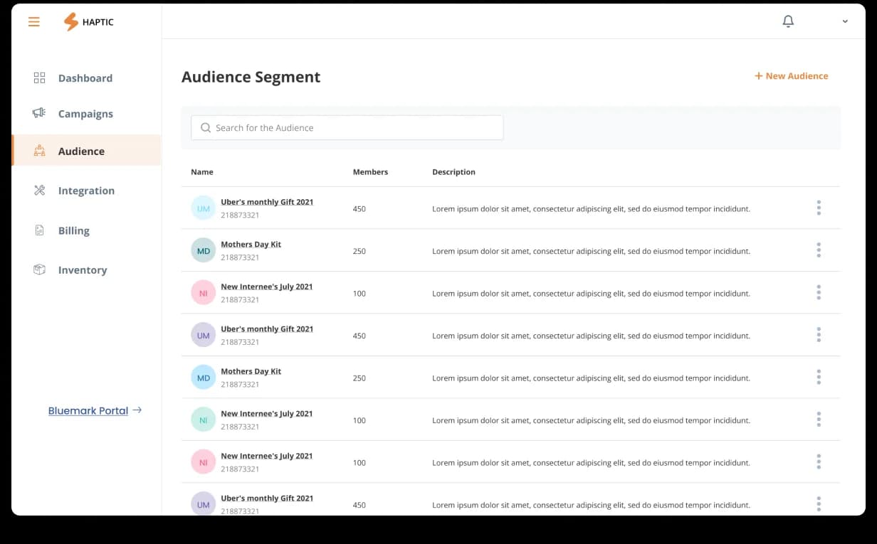 Haptic Audience, recipient management with segmented lists, addresses, and sender attribution