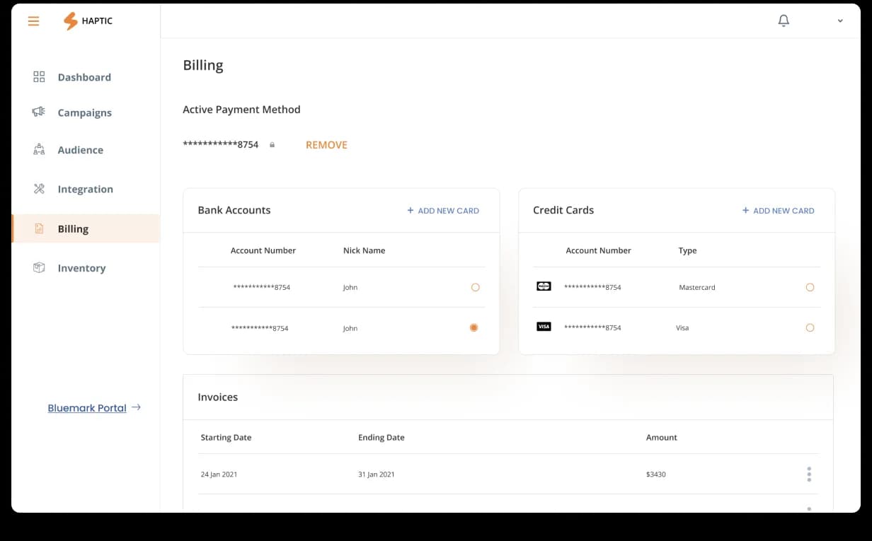 Haptic Billing, seamless and transparent invoicing for the kit, with line items broken out per project