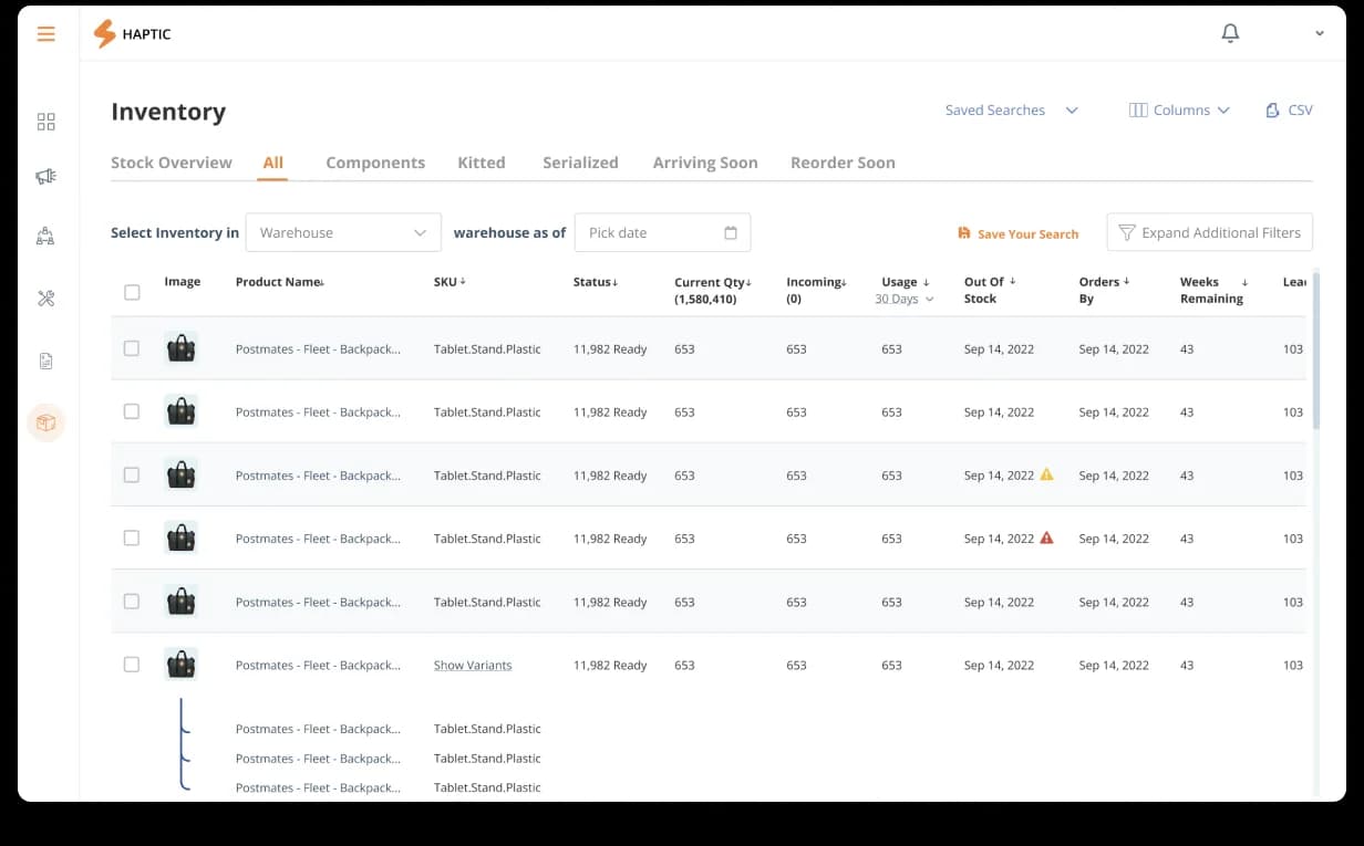 Haptic Inventory, product catalog and warehouse stock, primary view
