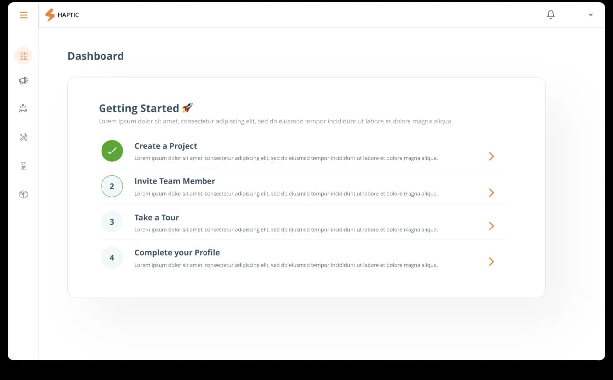 Haptic new flow, the Projects workflow mind map showing the redesigned end-to-end path: create project, invite team, take tour, complete profile, then choose a project goal