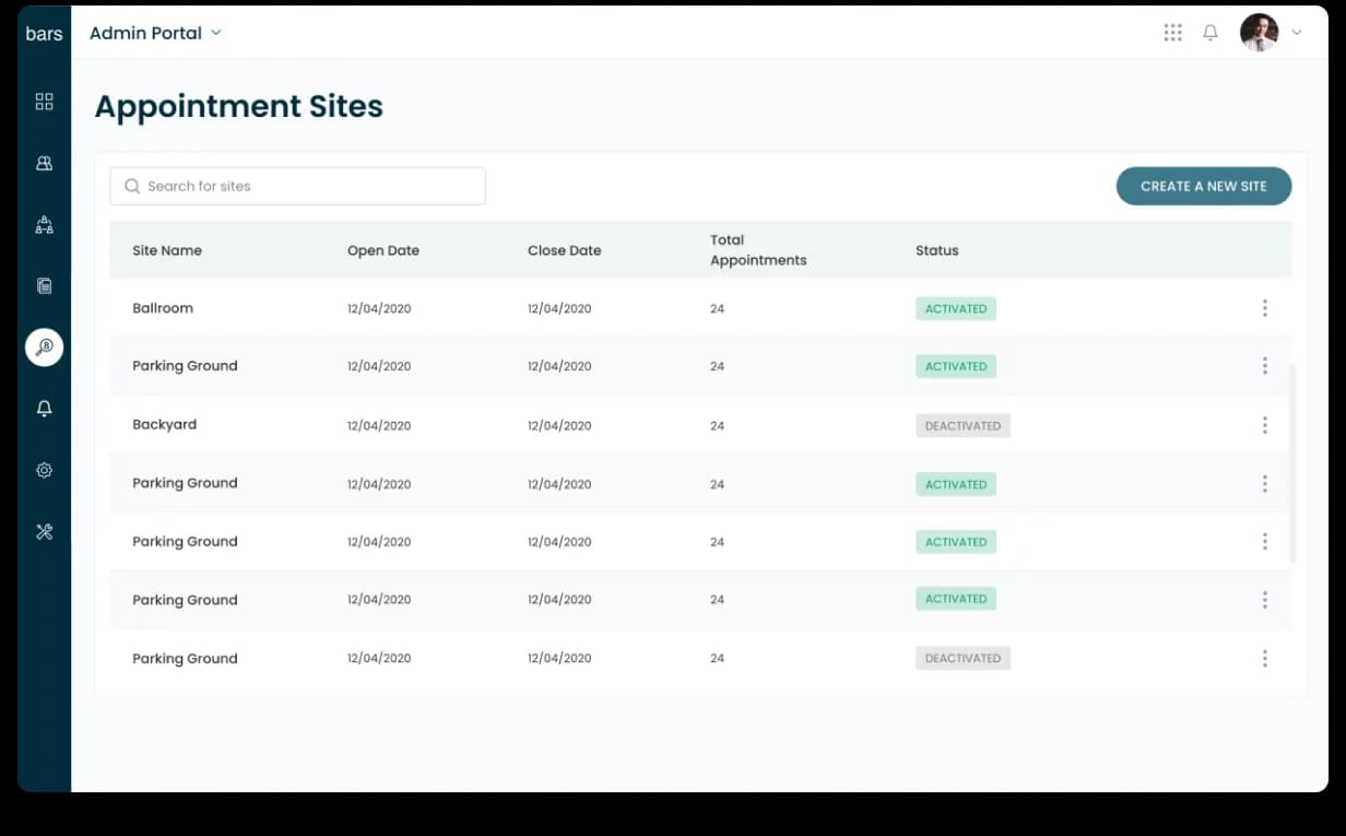 CoVerified Appointment Sites. Admin Portal with navy sidebar, Appointment Sites heading, search bar, Create A New Site teal CTA top-right, and a 5-column table (Site Name, Open Date, Close Date, Total Appointments, Status) listing Ballroom / Parking Ground / Backyard sites with ACTIVATED green pills and DEACTIVATED grey pills