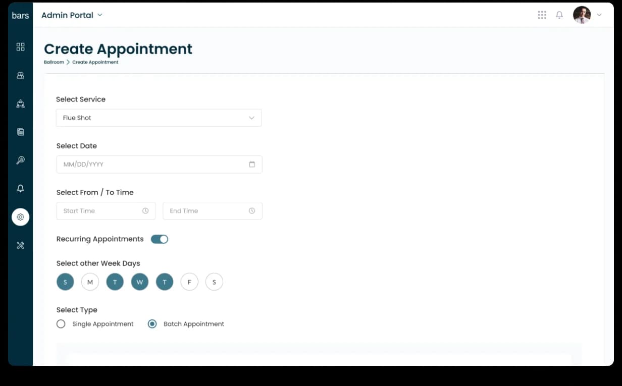CoVerified Create Appointment form, breadcrumbs Ballroom / Create Appointment, Select Service (Flu Shot), Select Date (MM/DD/YYYY), Select From / To Time (Start Time / End Time), Recurring Appointments toggle on, Select other Week Days (S M T W T F S with S/T/W/T highlighted), Select Type radios (Single Appointment / Batch Appointment with Batch selected)