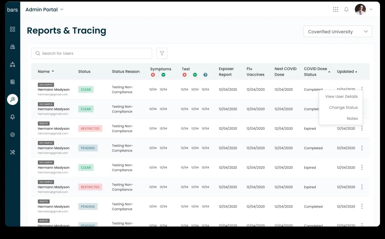 CoVerified Reports & Tracing table. Admin Portal with Coverified University dropdown, search bar, 11-column user list (Name, Status, Status Reason, Symptoms with +/− icons, Test with +/−/?, Exposure Report, Flu Vaccines, Next COVID Dose, COVID Dose Status, Updated) for users tagged ON CAMPUS or REMOTE, status pills CLEAR / RESTRICTED / PENDING, and a per-row action popover with View User Details / Change Status / Notes