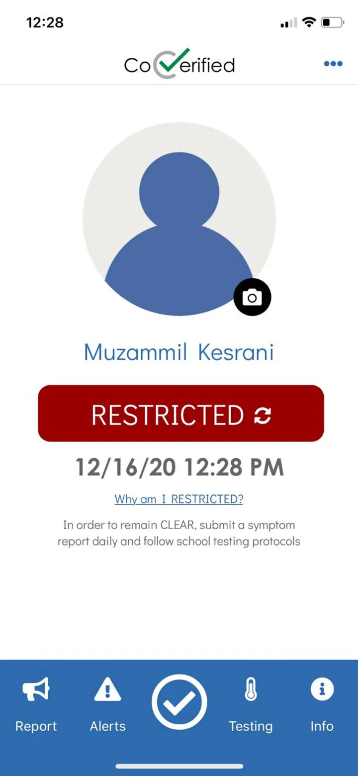Before: the original CoVerified mobile app showing a user’s RESTRICTED status