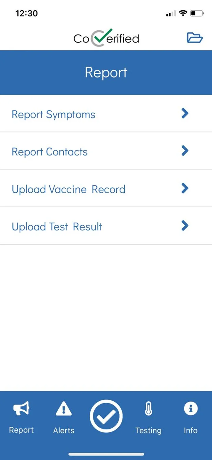 Old CoVerified app, Report menu with Report Symptoms, Report Contacts, Upload Vaccine Record, and Upload Test Result