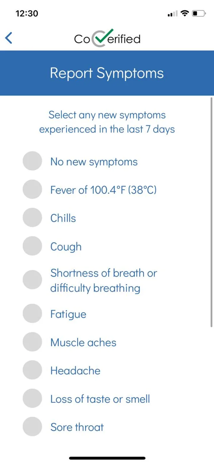 Old CoVerified app, Report Symptoms checklist of possible COVID-19 symptoms