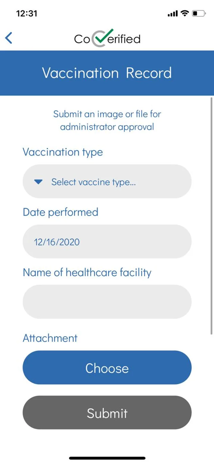 Old CoVerified app, Vaccination Record upload form