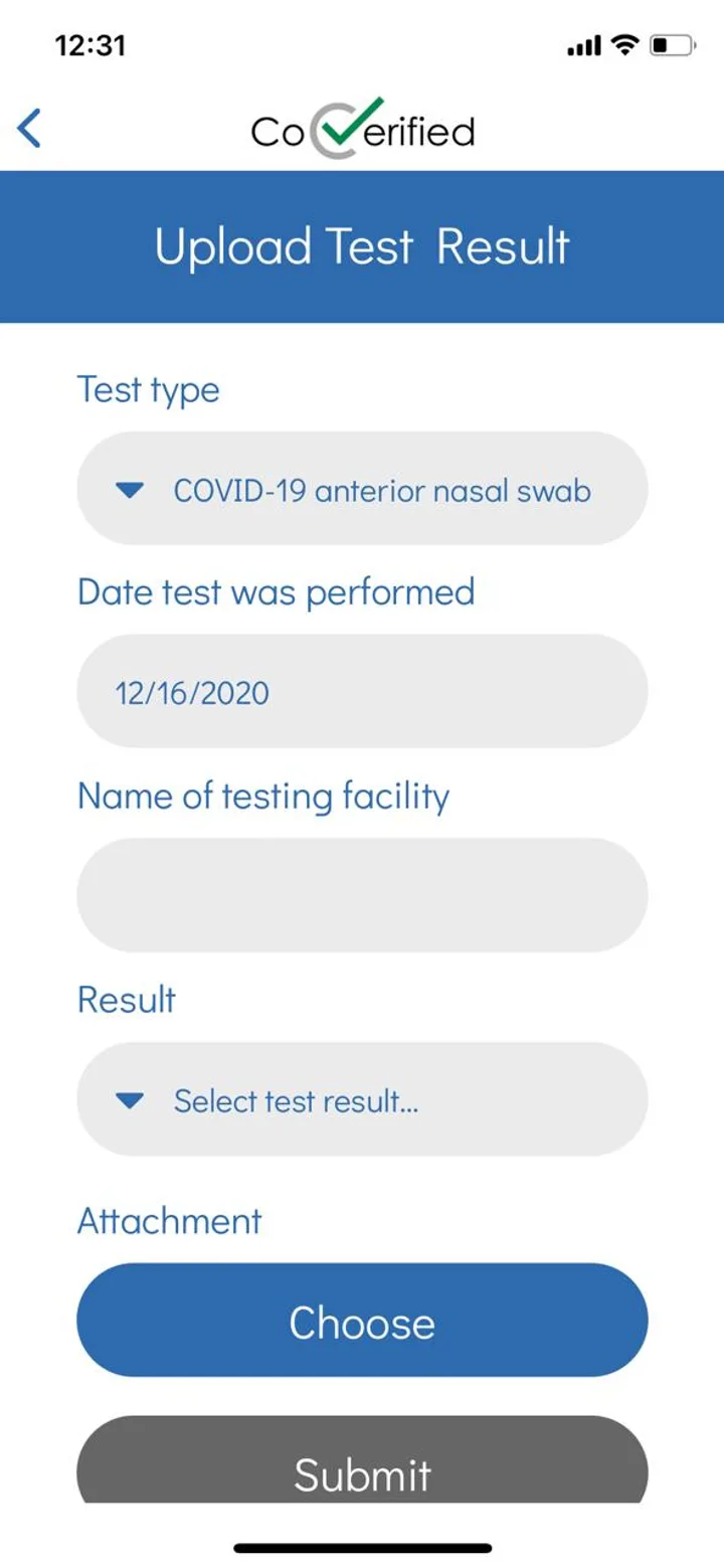 Old CoVerified app, Upload Test Result form