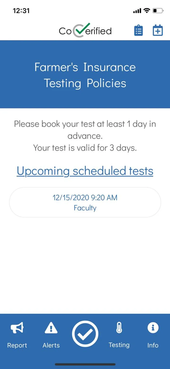 Old CoVerified app, testing policies and upcoming scheduled tests