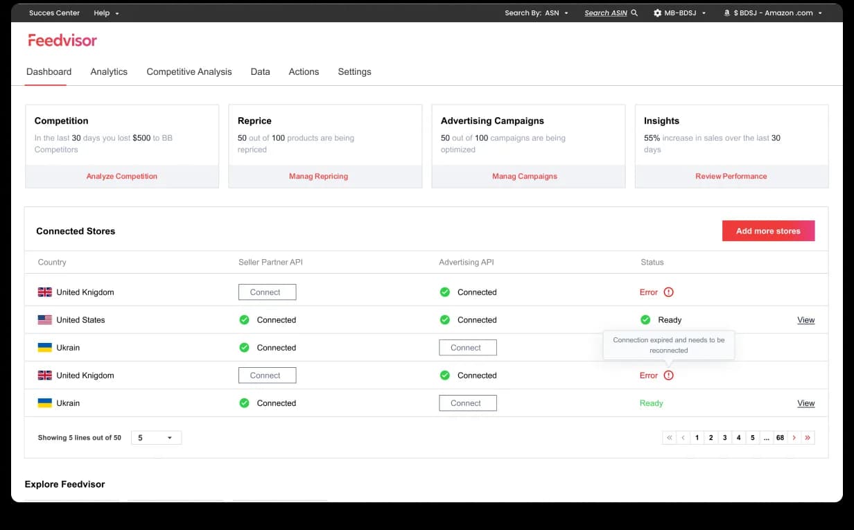Feedvisor product dashboard variant, segmented surface for product-level data with widgets and scorecards