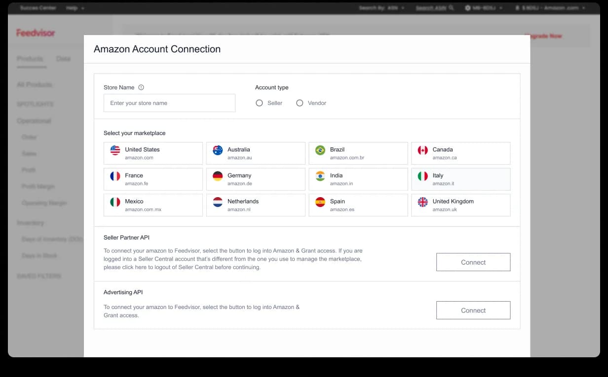 Feedvisor Amazon Account Connection step, store name input, account type (seller/vendor), 12-marketplace selection grid (US, AU, BR, CA, FR, DE, IN, IT, MX, NL, ES, UK), Seller Partner API and Advertising API connect actions