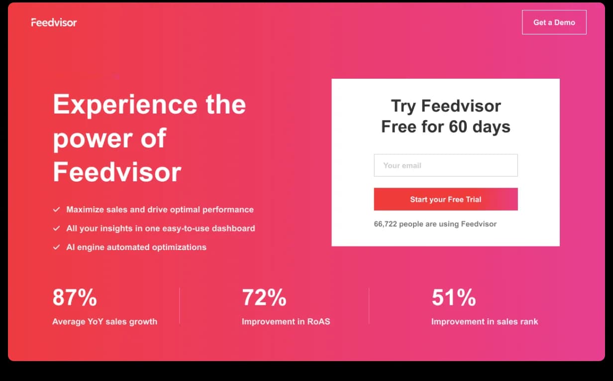 Feedvisor marketing landing page variant designed for Google Ads campaigns. KPI-led layout for high conversion