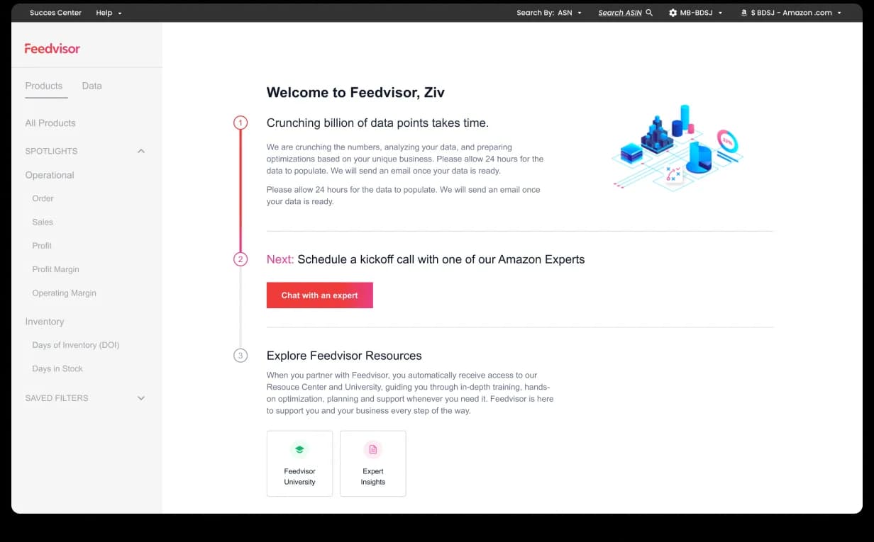Feedvisor welcome screen. Welcome to Feedvisor headline, three-step guided progress: 1) Crunching billion of data points takes time (with 24-hour ETA), 2) Schedule a kickoff call with an Amazon Expert, 3) Explore Feedvisor Resources. Feedvisor University and Expert Insights