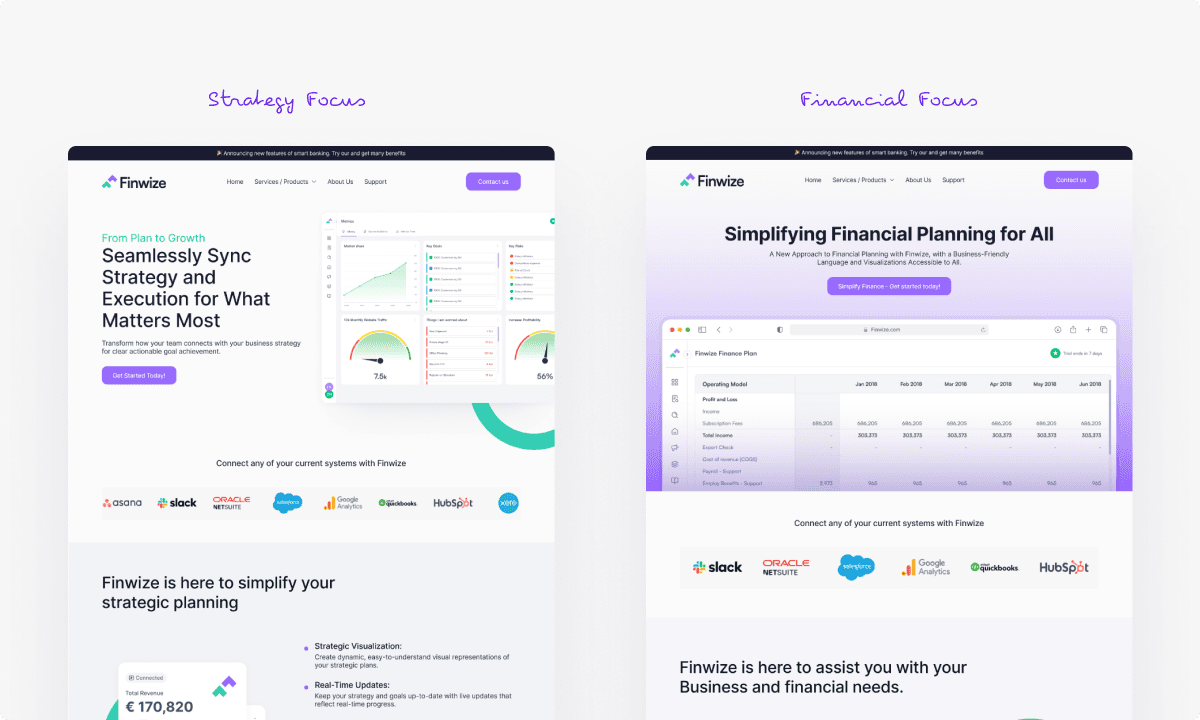 The two prototype directions Denovers designed for stakeholder feedback: a Strategy Focus landing page and a Financial Focus landing page, side by side