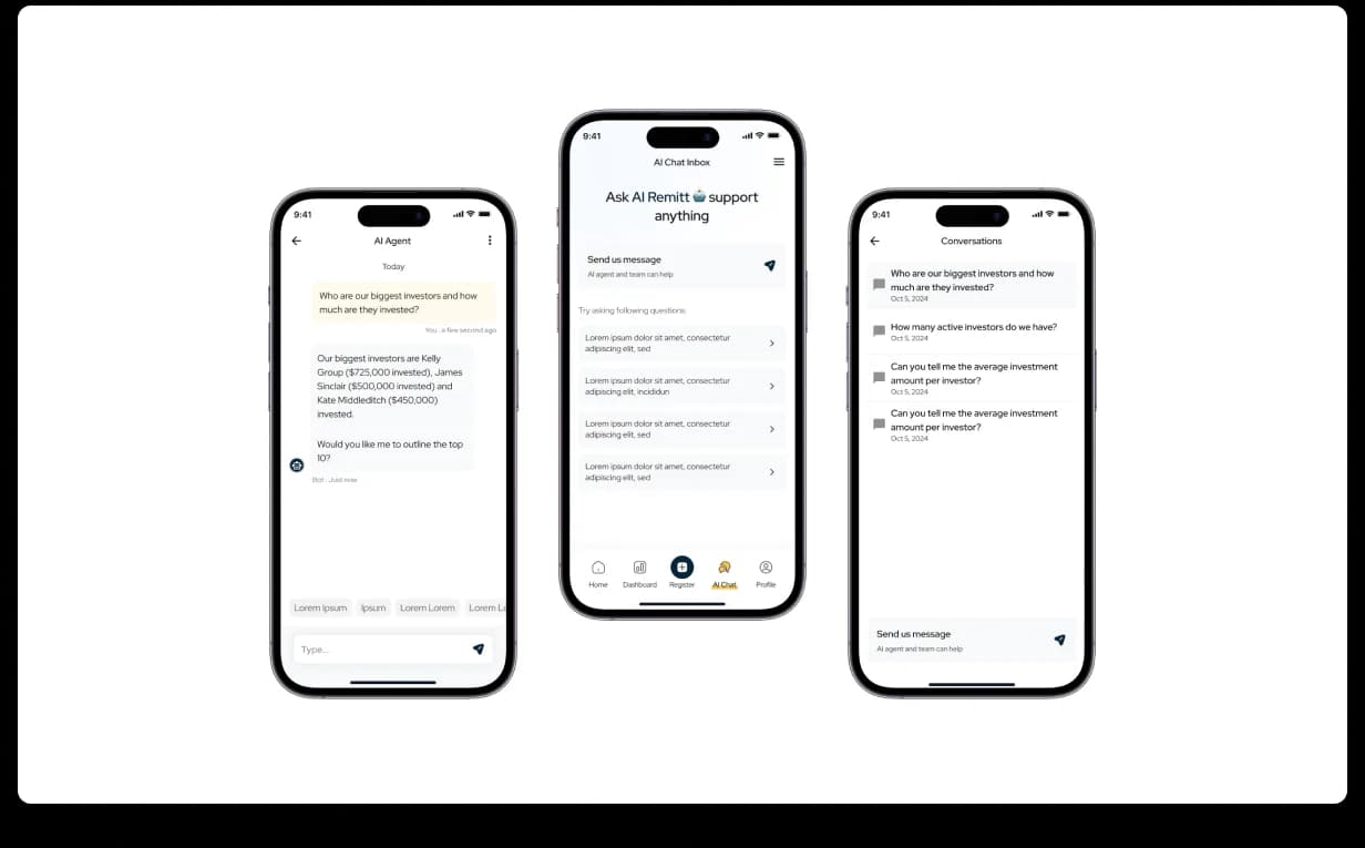 HomeRemitt agent in-app AI assistant, suggested questions, threaded answers grounded in HomeRemitt docs, and a conversation history