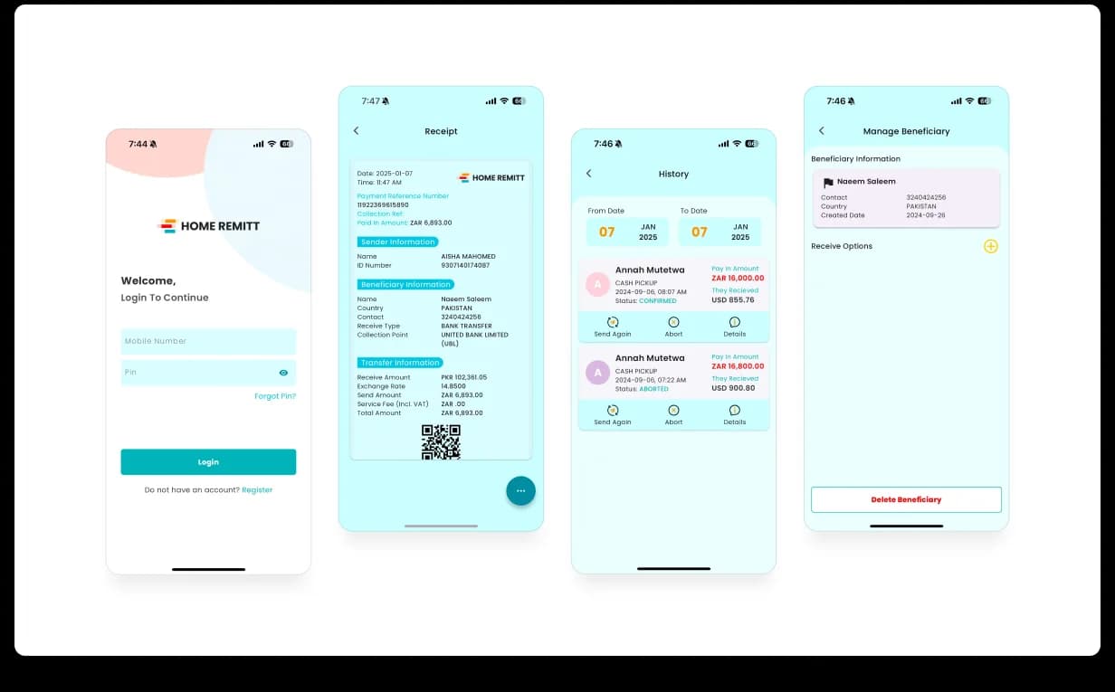 The old HomeRemitt customer app, four dated screens (login, receipt, transactions, manage beneficiary) in the previous teal and coral style, a visual generation behind